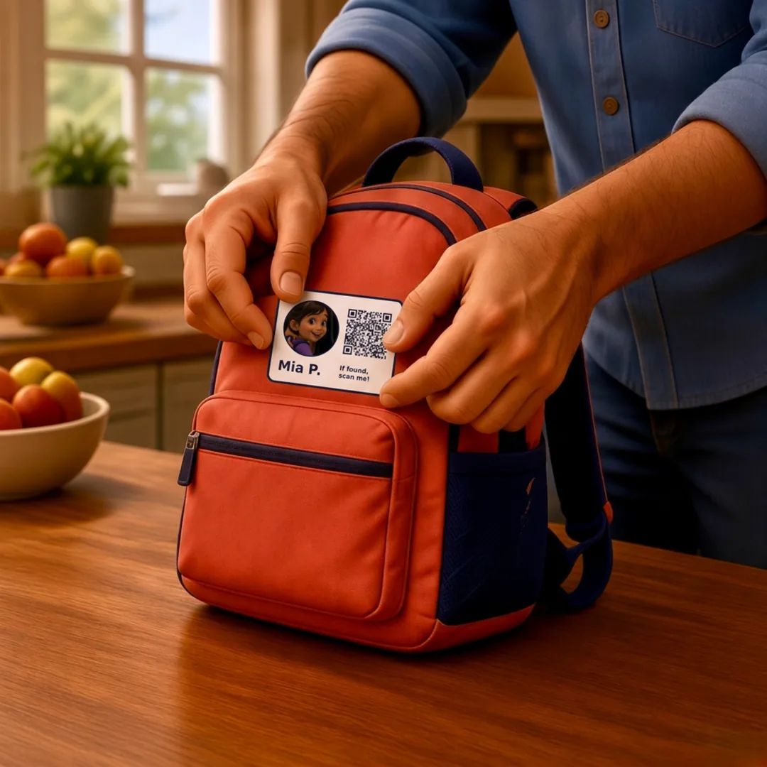 A parent presses Mia's name-and-QR label onto her backpack