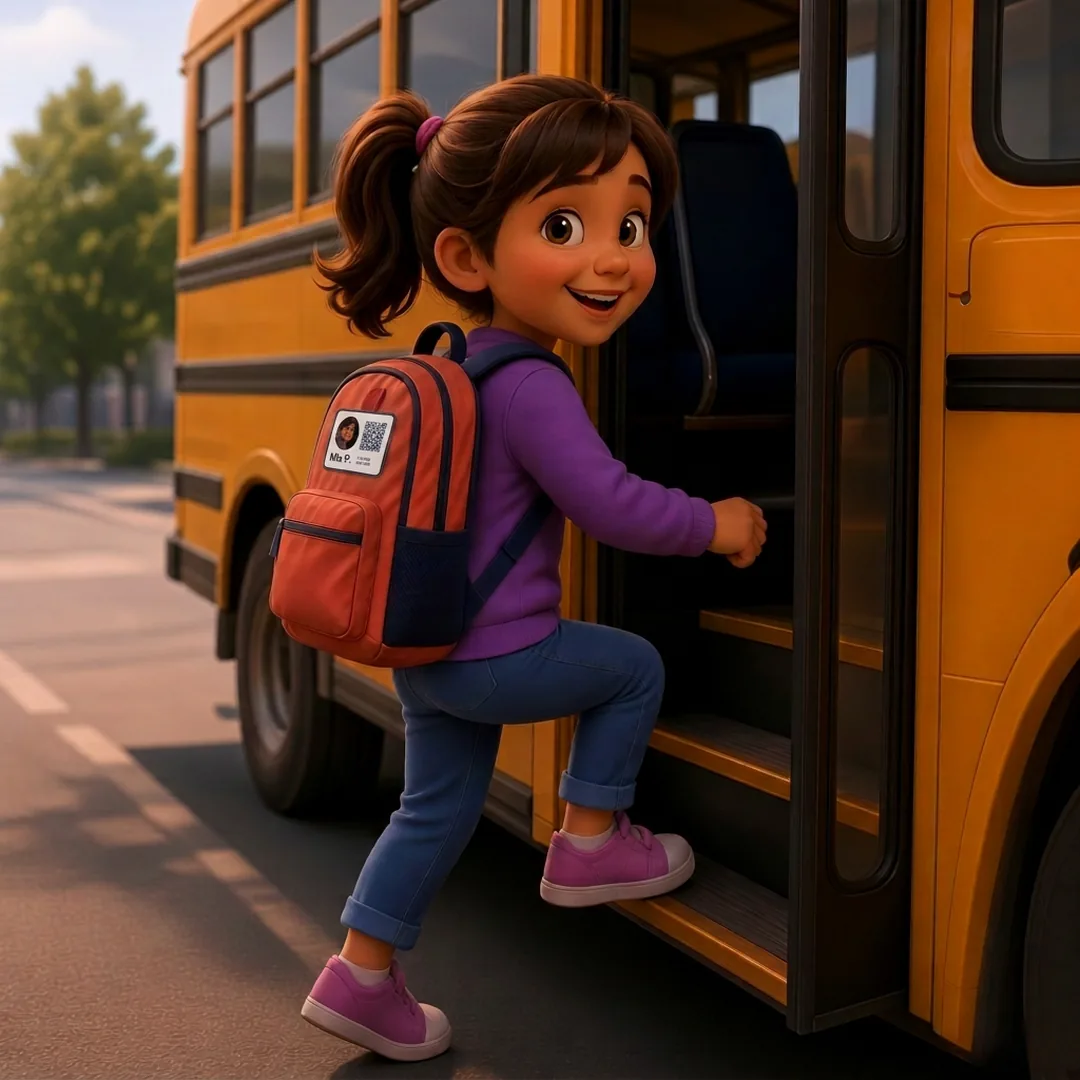 Mia climbs onto the school bus wearing her backpack