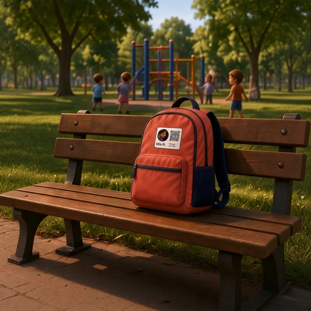 A child's backpack on a park bench while children play nearby