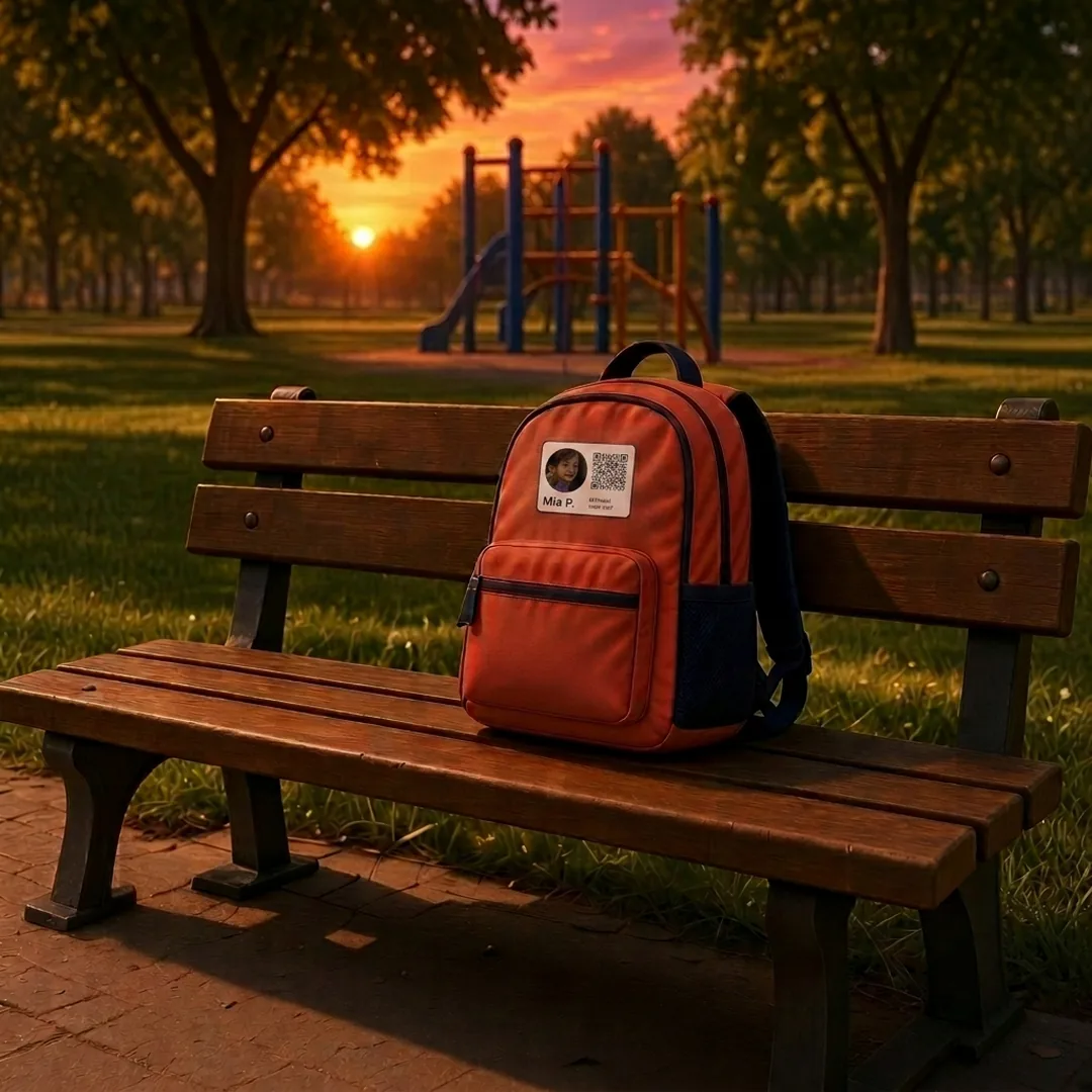 The sun sets — the backpack is left behind on the bench