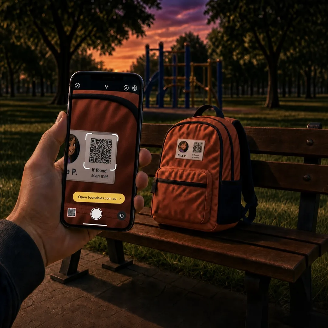 At dusk, a passer-by scans the backpack's QR label with their phone