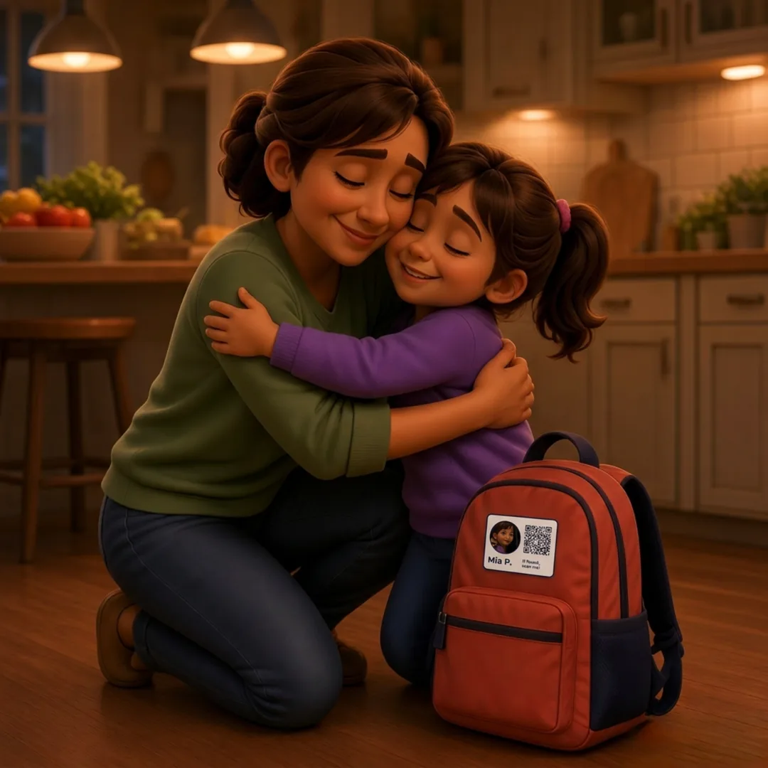 Mia and her mum hug, the backpack safely home beside them
