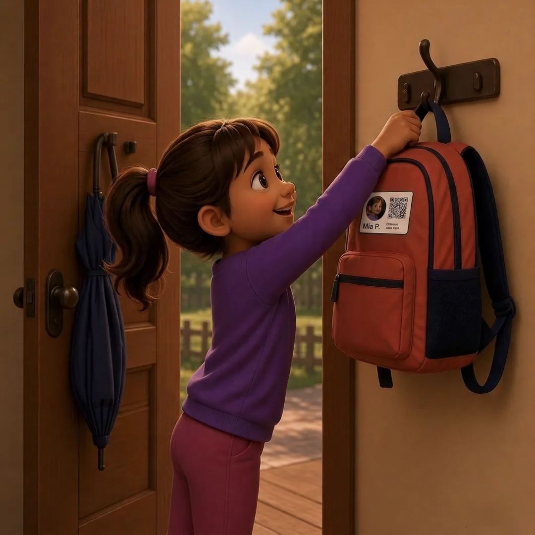 The next morning, Mia lifts her backpack off the hook again