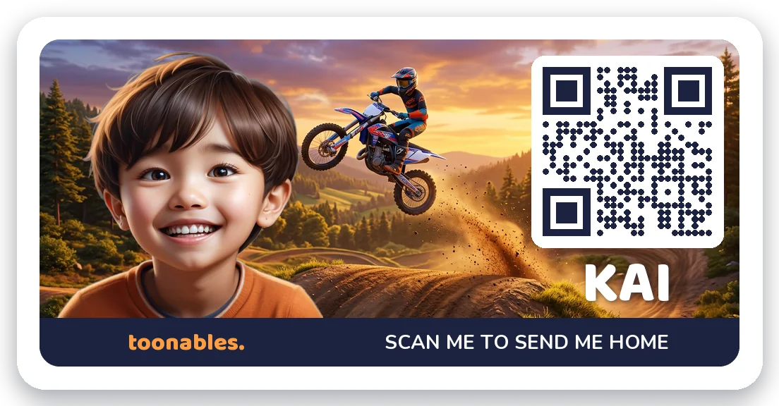 Kai's large name label - his avatar on a moto-x track scene, with his scan-me-home QR code