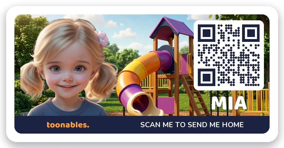 Mia's name label - her avatar on a playground scene, with her scan-me-home QR code